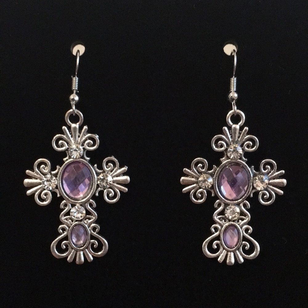 Rhinestone Cross Earrings - Light Purple